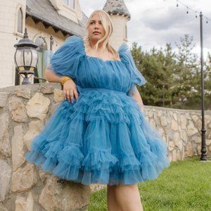Ivy City Co Pixie Tulle Tiered Ruffle Dress Blue Large NWT